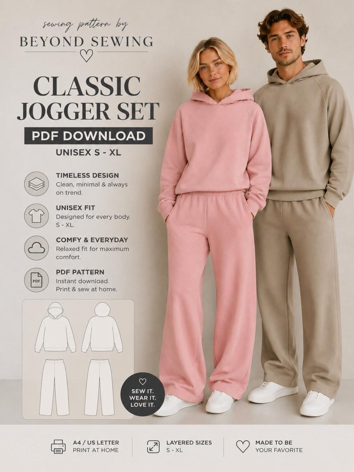 Classic Jogger Set Sewing Pattern PDF Unisex Hoodie and Sweatpants Pattern S XL