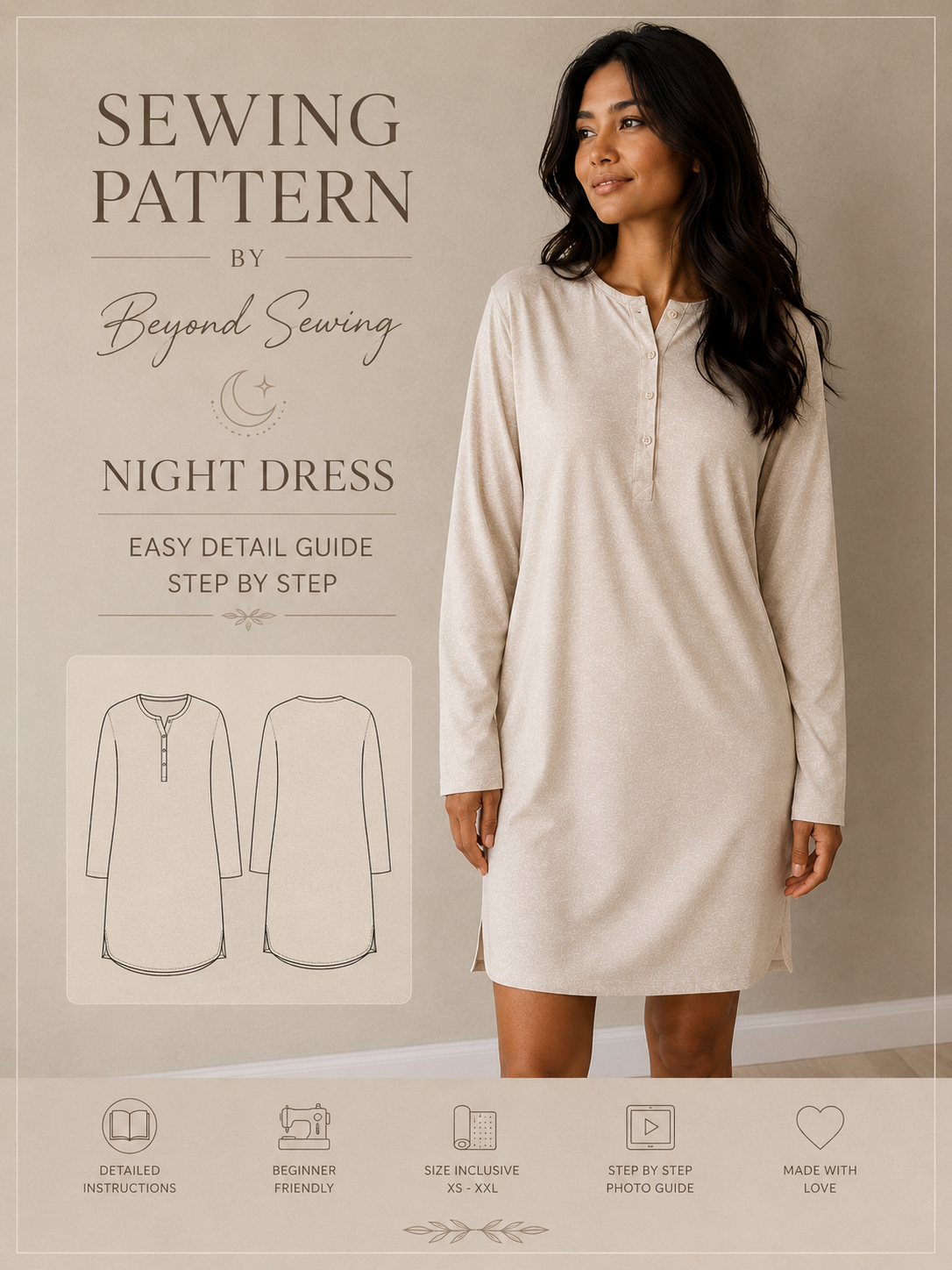 Night Dress Sewing Pattern Beginner Friendly Modern Sleepwear