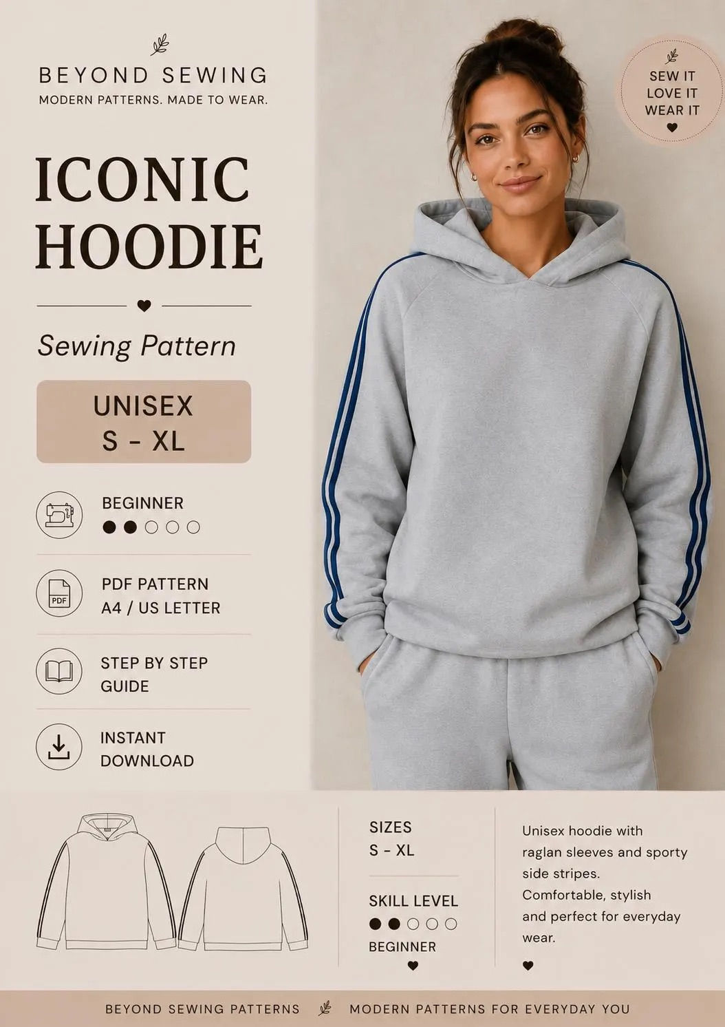 Unisex hoodie sewing pattern with raglan sleeves.