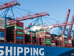 Shipping containers and cranes at Hamburg port showcasing global trade.