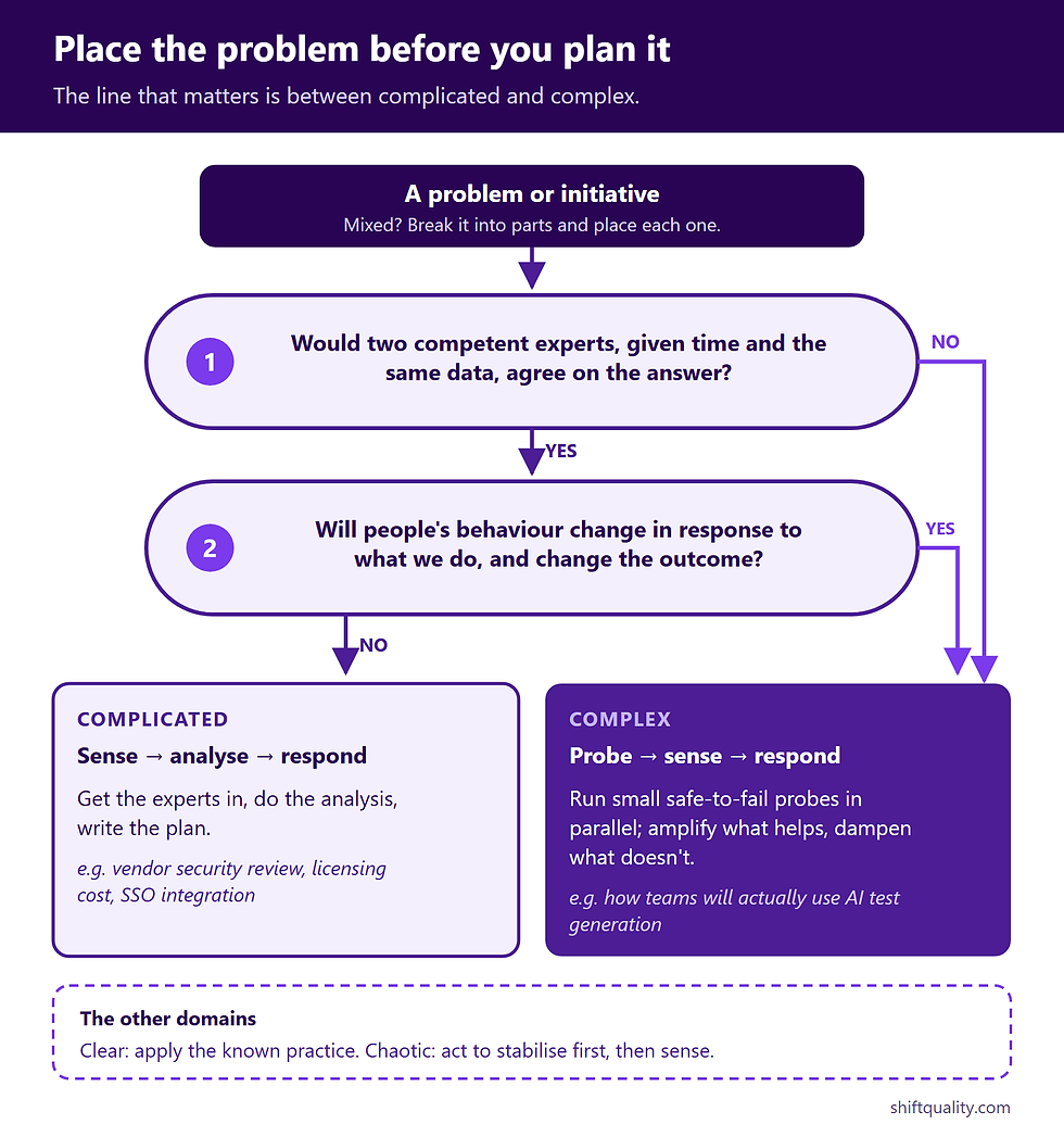 Two questions that place a problem as complicated (analyse and plan) or complex (run safe-to-fail probes)