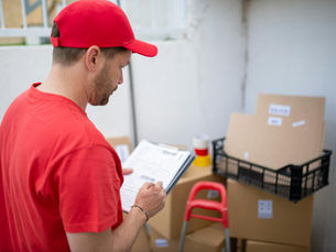 Delivery person in red uniform checks packages. Outdoor location, Portugal.