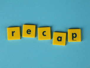 Yellow letter tiles spelling 'recap' against a blue backdrop, ideal for presentations.