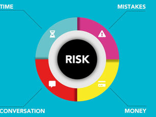 Cardboard applique of round shaped diagram with symbols and titles representing types of business risks on blue backgrou