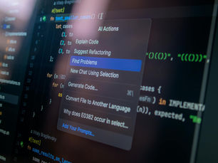 Detailed view of a computer screen displaying code with a menu of AI actions, illustrating modern software development.