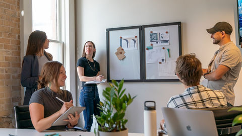 Team retrospective meeting with notes.