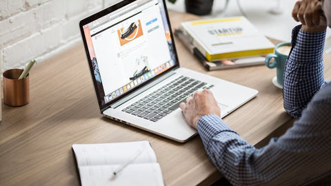 Adult working on a laptop in a modern office setting.