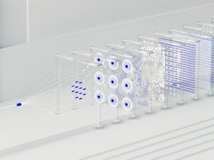 Visual abstraction of neural networks in AI technology, featuring data flow and algorithms.