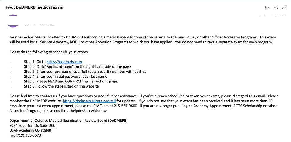 DoDMERB email generated by AFA Candidate Kit