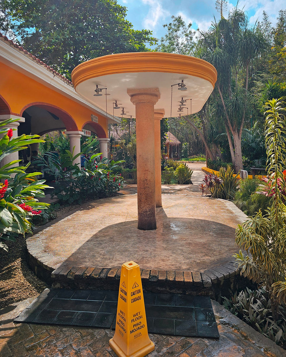 The outdoor showers at Ik Kil Cenote in the Yucatan Peninsula of Mexico that visitors are required to use before getting in the water.