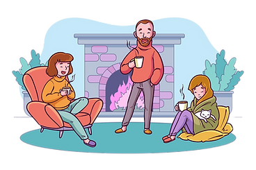 Trois personnes se détendent devant une cheminée allumée avec des tasses de café.