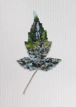 Waterfall and stream painted on a leaf