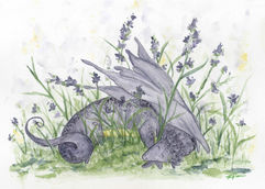 a tiny, purple dragon sleeping amongst lavender flowers