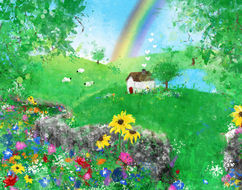 an illustration of a little cottage, a rainbow, and a garden wall