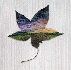 a sky with purple and orange storm clouds over a country path painted on a leaf