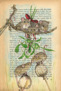 three mice on a branch holding mistletoe over two mice kissing, painted on a vintage book page