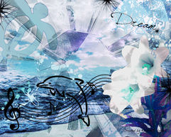 photo collage of sea creatures, flowers, and music