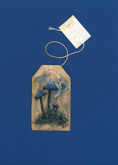 blue mushrooms with a snail on top, painted on a tea bag