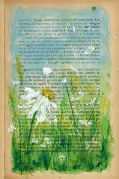 a field of daisies and petals flying painted on a vintage book page