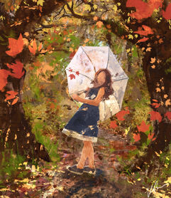 a girl with an umbrella standing in a forest, leaves swirling around her
