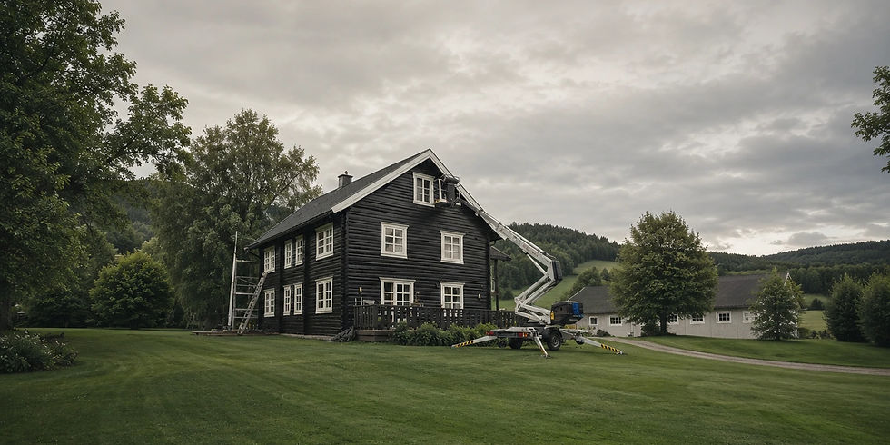 Trehus i Alvdal med trekledning som vurderes før utvendig maling