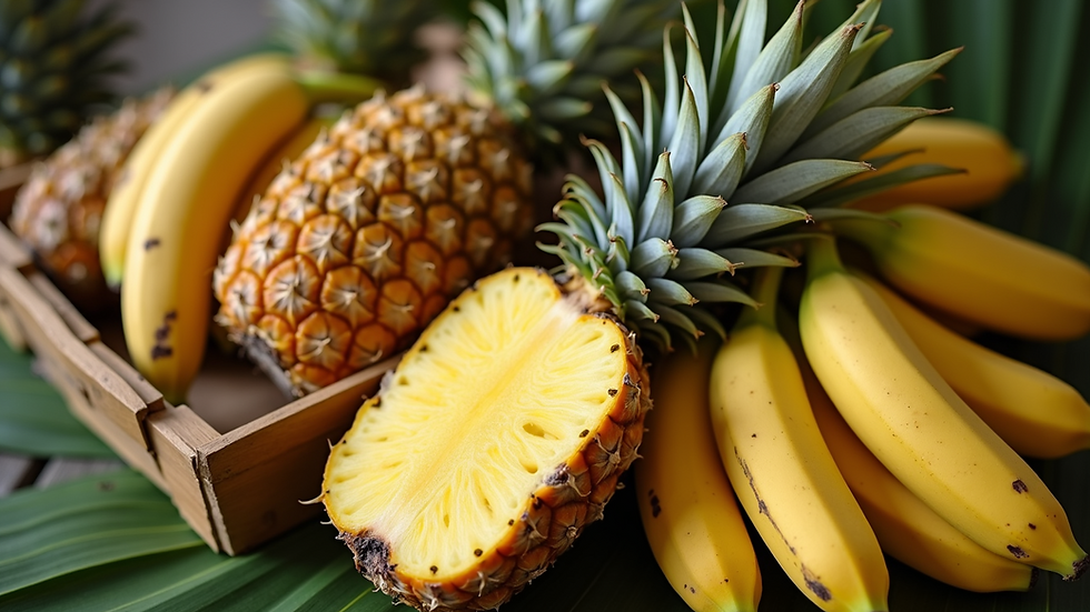 High angle view of tropical fruit assortment including pineapple and bananas