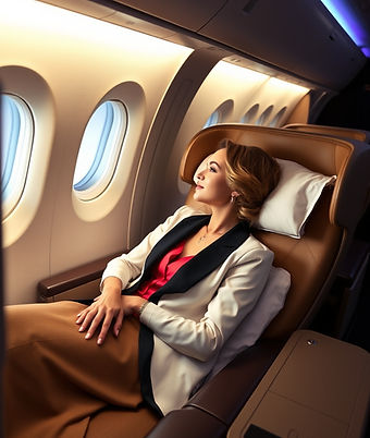 sophisticated woman reclining in a very spacious first class suite in a wide-bodied airpla