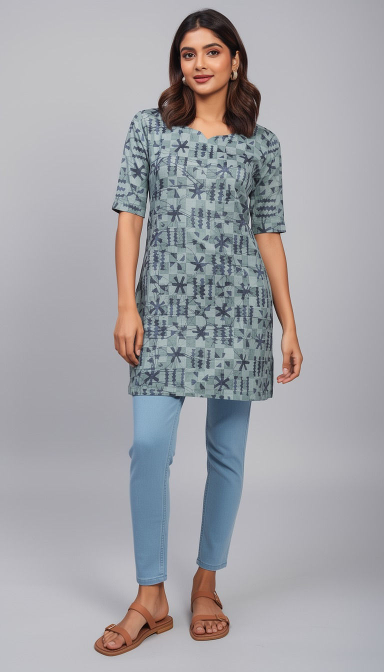 202605-Cotton-Short Kurti-3/4th Sleeve-Batick Print-Western Wear-Trendy Bunch