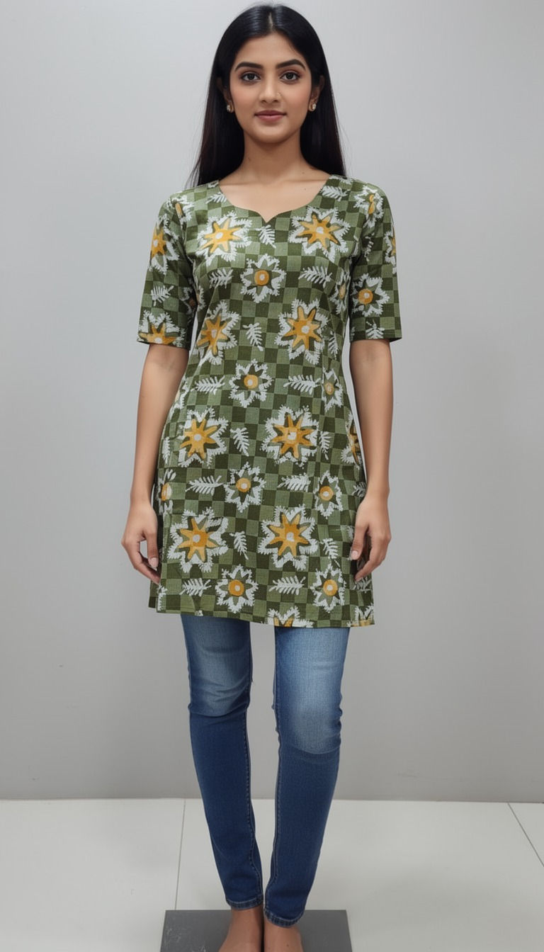 202605-Cotton-Short Kurti-3/4th Sleeve-Batick Print-Western Wear-Trendy Bunch