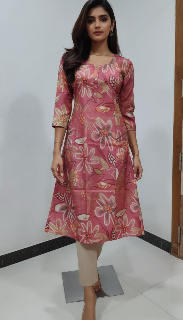 202605-Umbrella Aline Kurtis-With Mobile Pocket-Casual&Comfort Wear-3/4th Sleeve