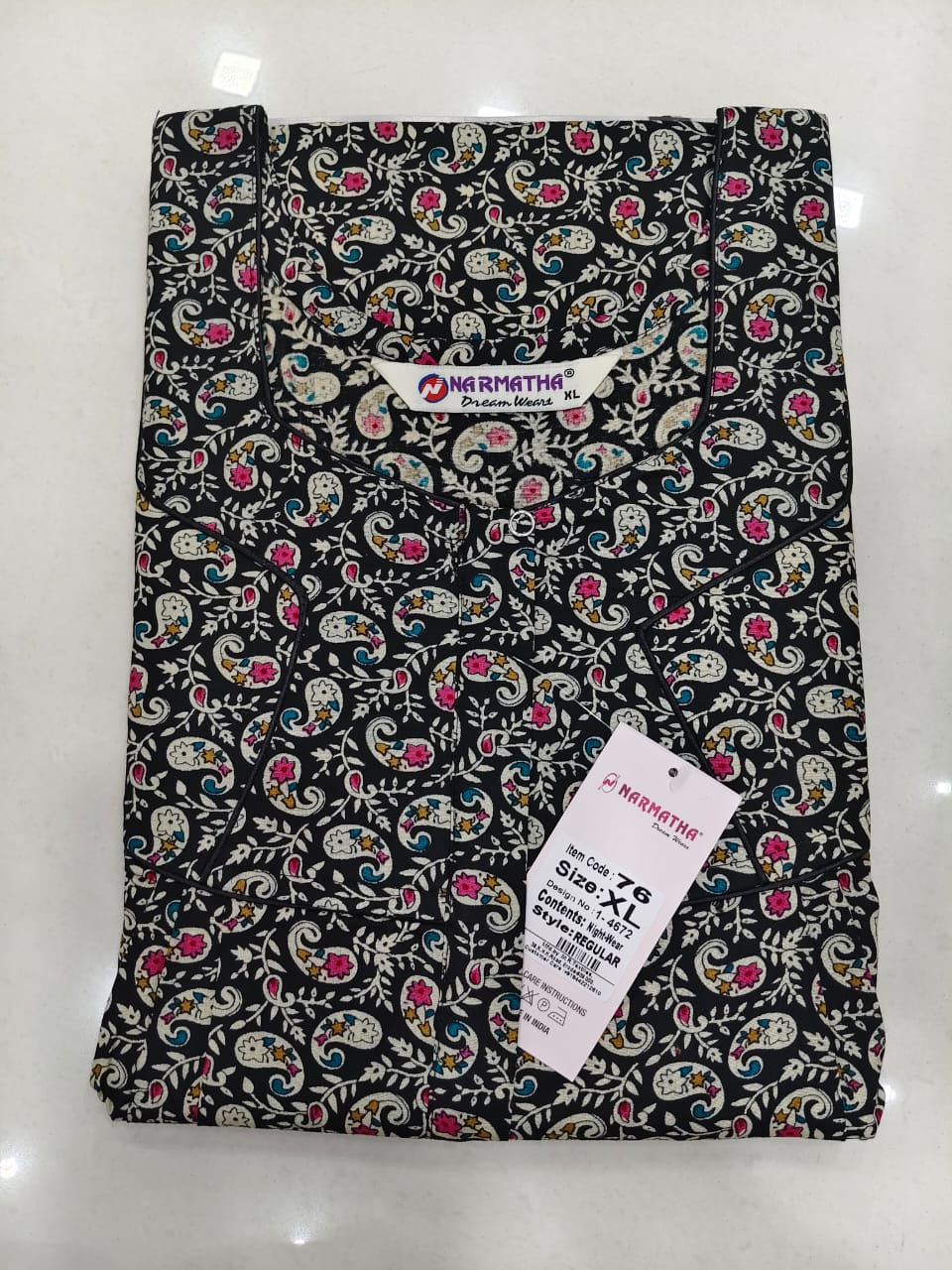 202604-XL-Cotton Pleated Nighties-Mobile Pocket-Half Sleeve-Comfor Wear-Elegant