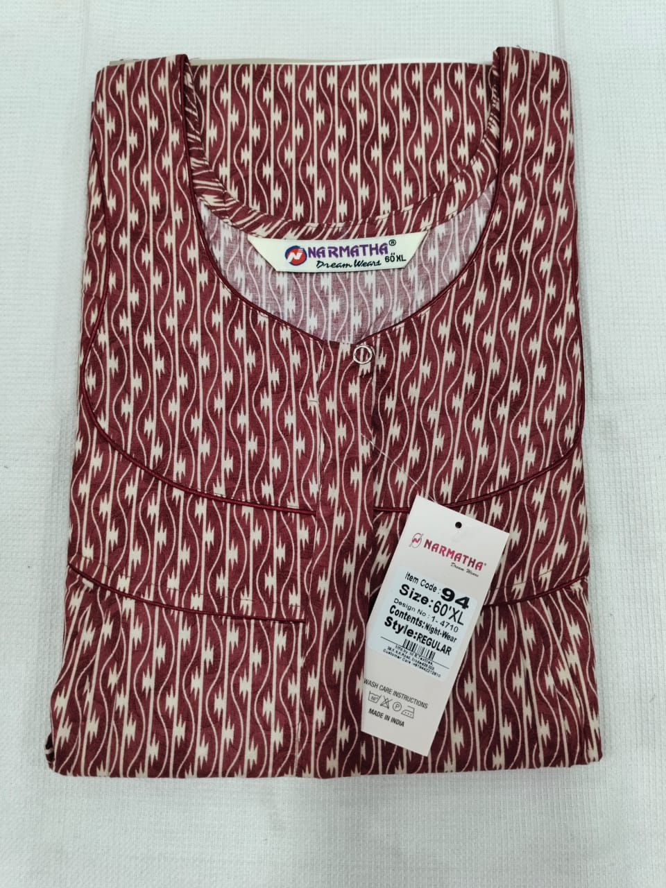 202608-60XL-Cotton Pleated Nighties-Mobile Pocket-Half Sleeve-Comfor Wear-Elegan