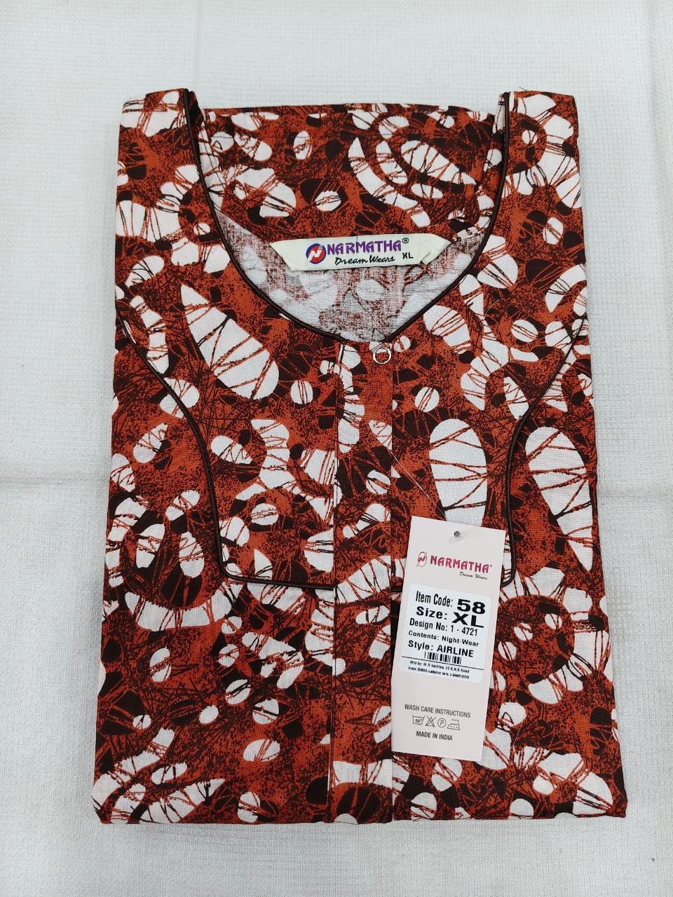 202608-XL-Cotton Airline Non Pleated Nighties-Mobile Pocket-Half Sleeve-comfort