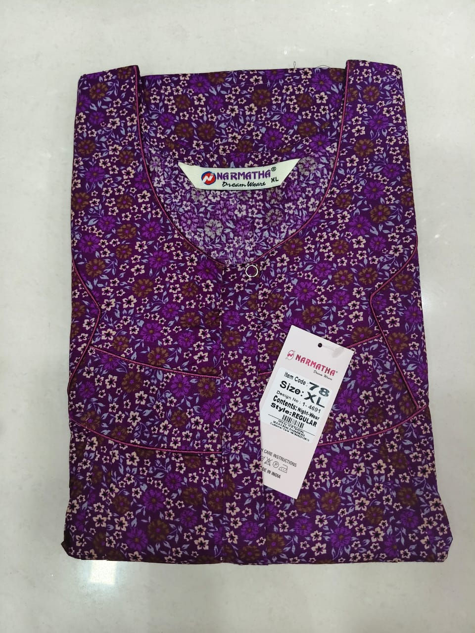 202605-XL-Cotton Pleated Nighties-Mobile Pocket-Half Sleeve-Comfor Wear-Elegant