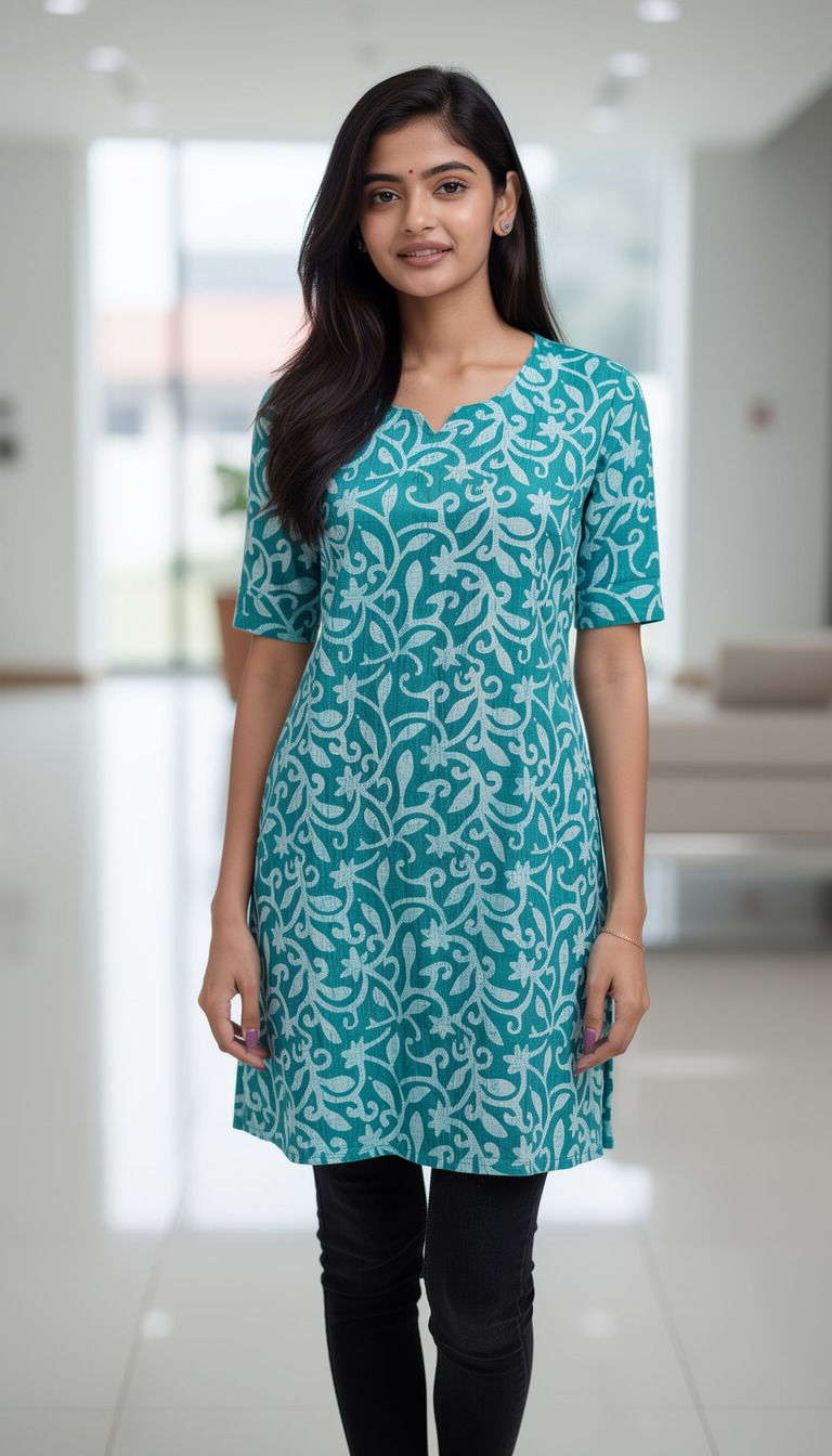 202605-Cotton-Short Kurti-3/4th Sleeve-Batick Print-Western Wear-Trendy Bunch