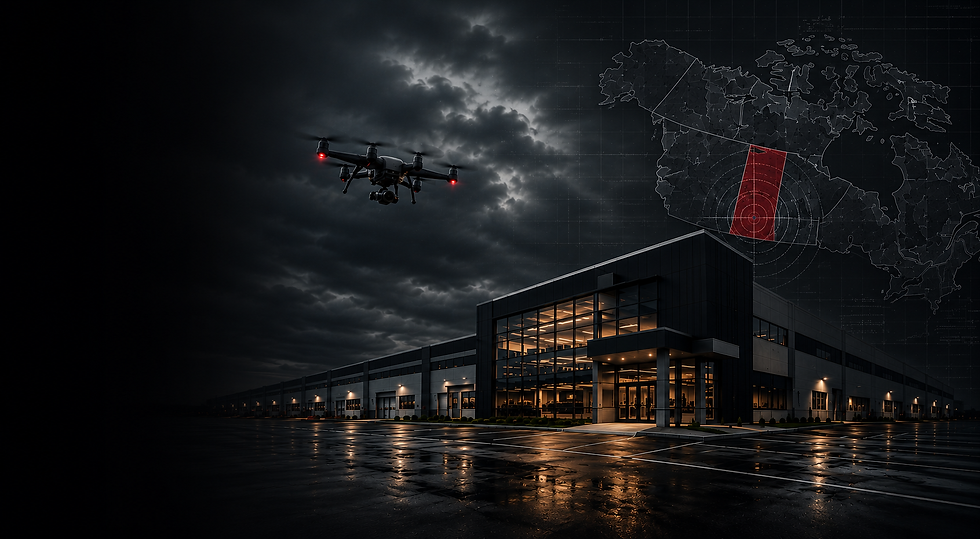 Drone surveying a large building for property assessment services.