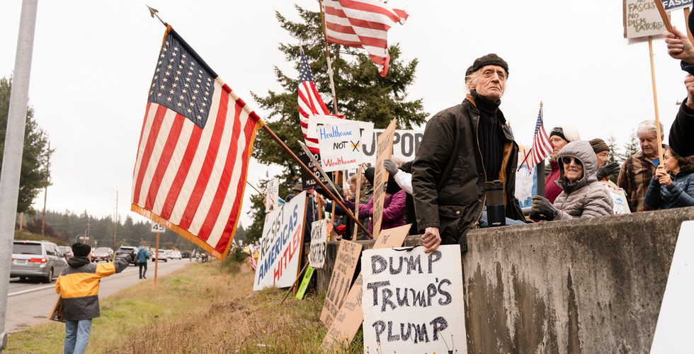 Protestors on a corner in Bayview, WA for the No Kings protest October 18th, 2025