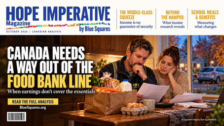 Working couple reviewing household bills beside groceries, depicting food insecurity in Canada.
