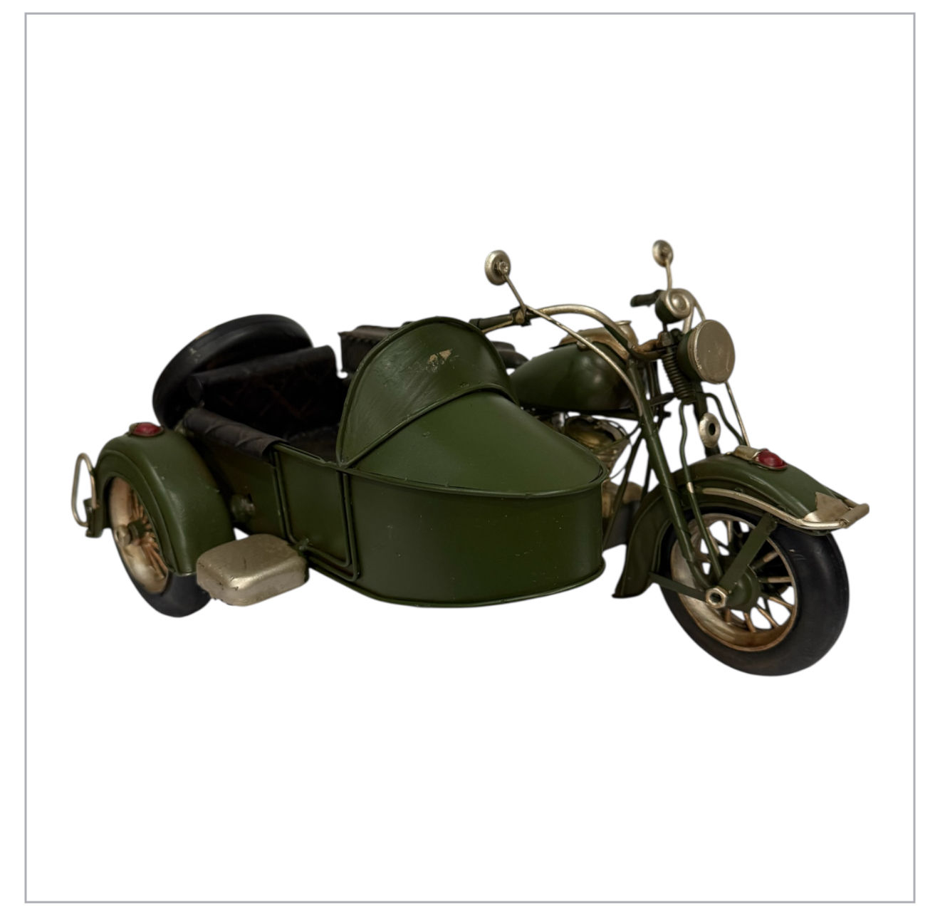 Vintage Green motorcycle And Sidecar + Case Tin Model  