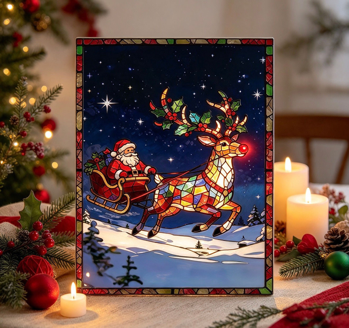 Stained Glass LED Santa & Sleigh Small