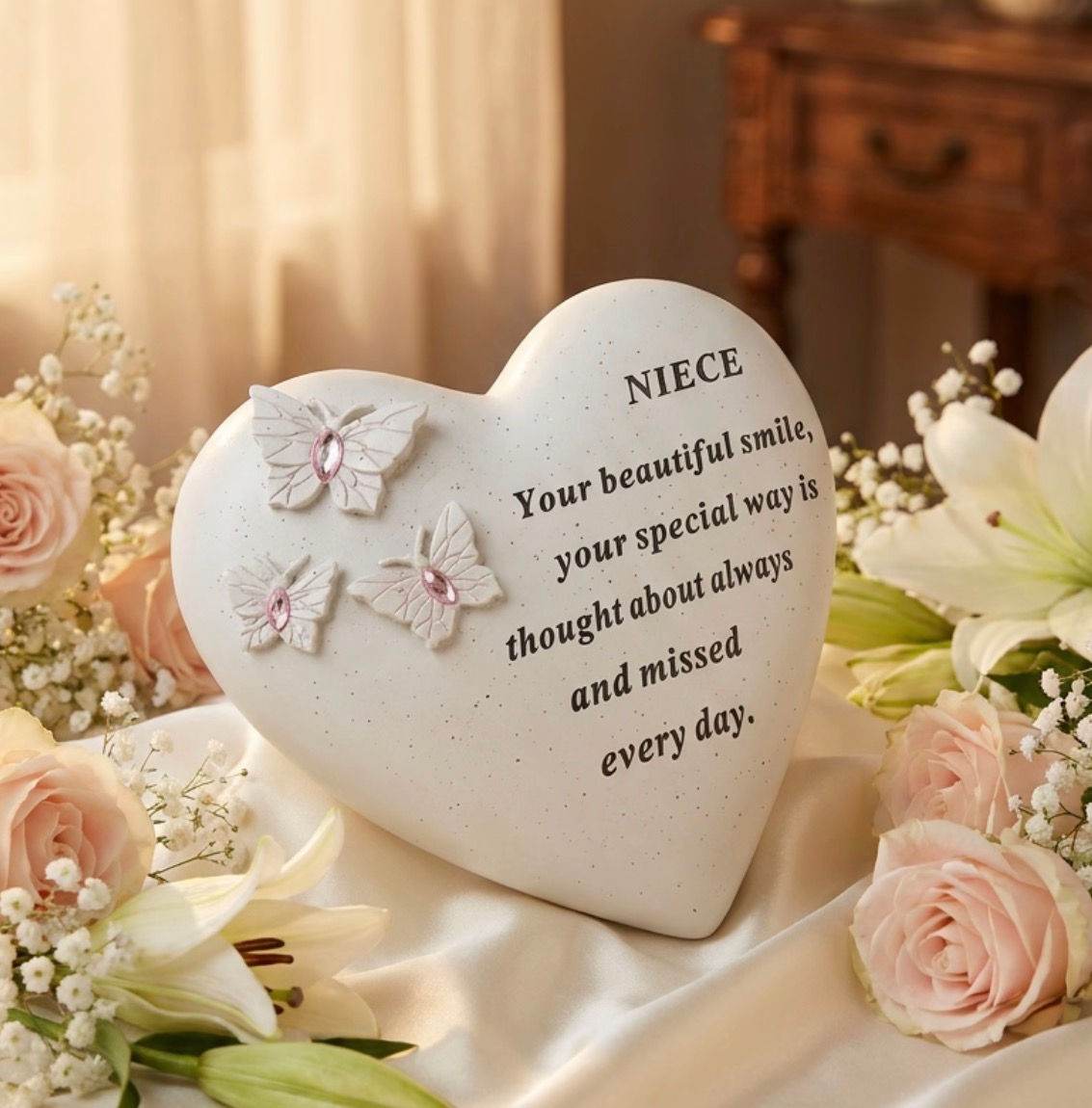 Niece Heart Grave Stone With Butterfly And Pink Gemstone