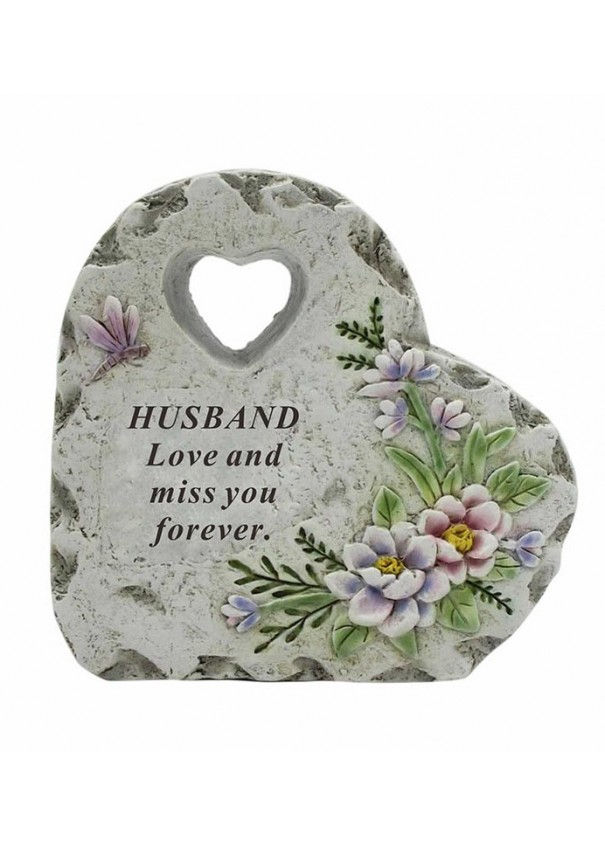 Memorial Husband Heart Grave Stone With Flower and Dragonfly Detail