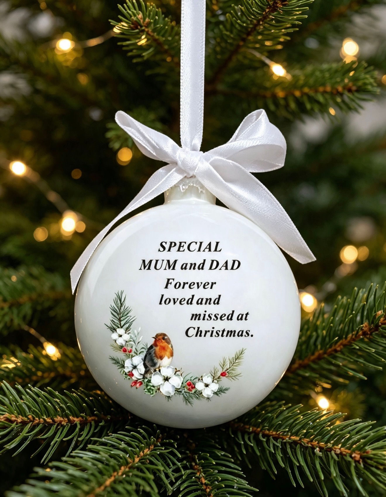 Robin Glass Memorial Bauble - Mum & Dad