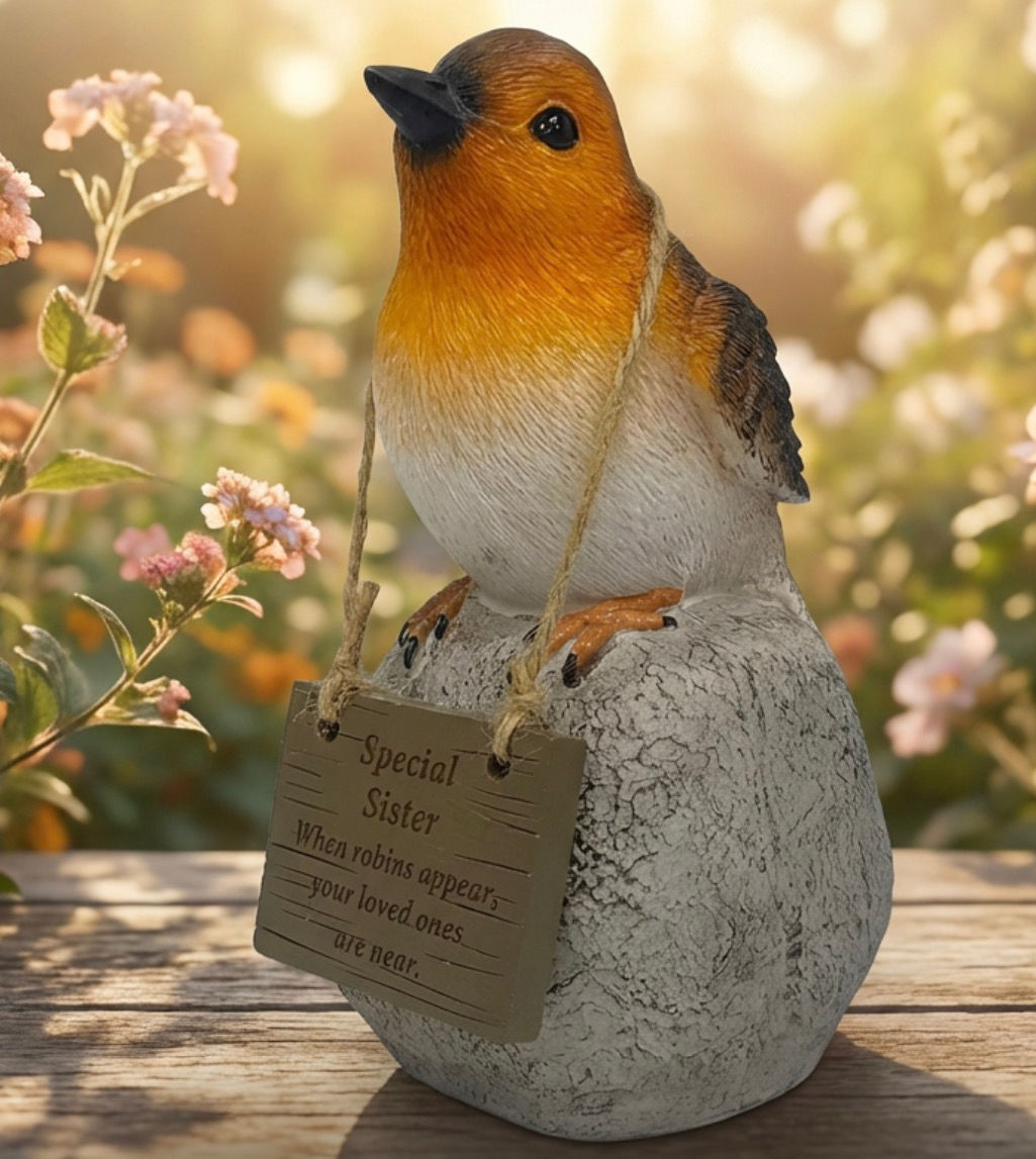 Memorial  Robin On A Rock With Hanging Plaque - Sister