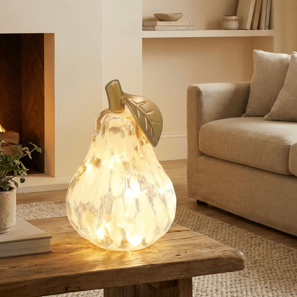 Diamond Cut LED Glass Pear - Mottle Amber