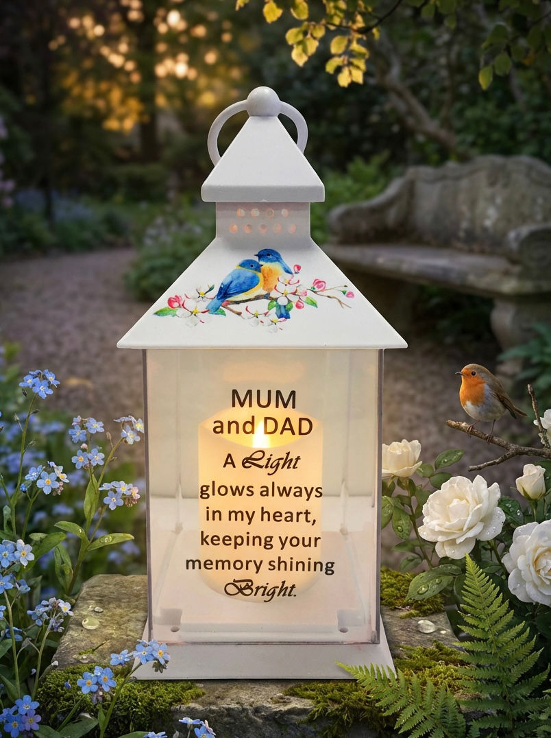 Thumbnail: Graveside Lantern White With Blue Birds - Mum And Dad