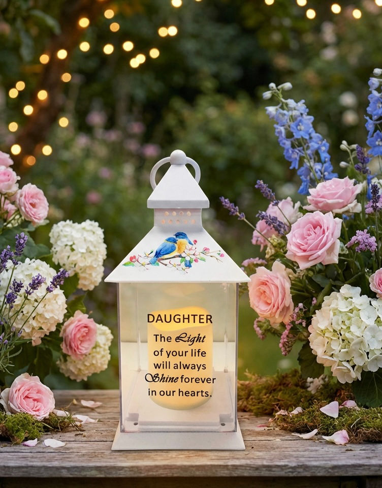 Thumbnail: Graveside Lantern White With Blue Birds - Daughter