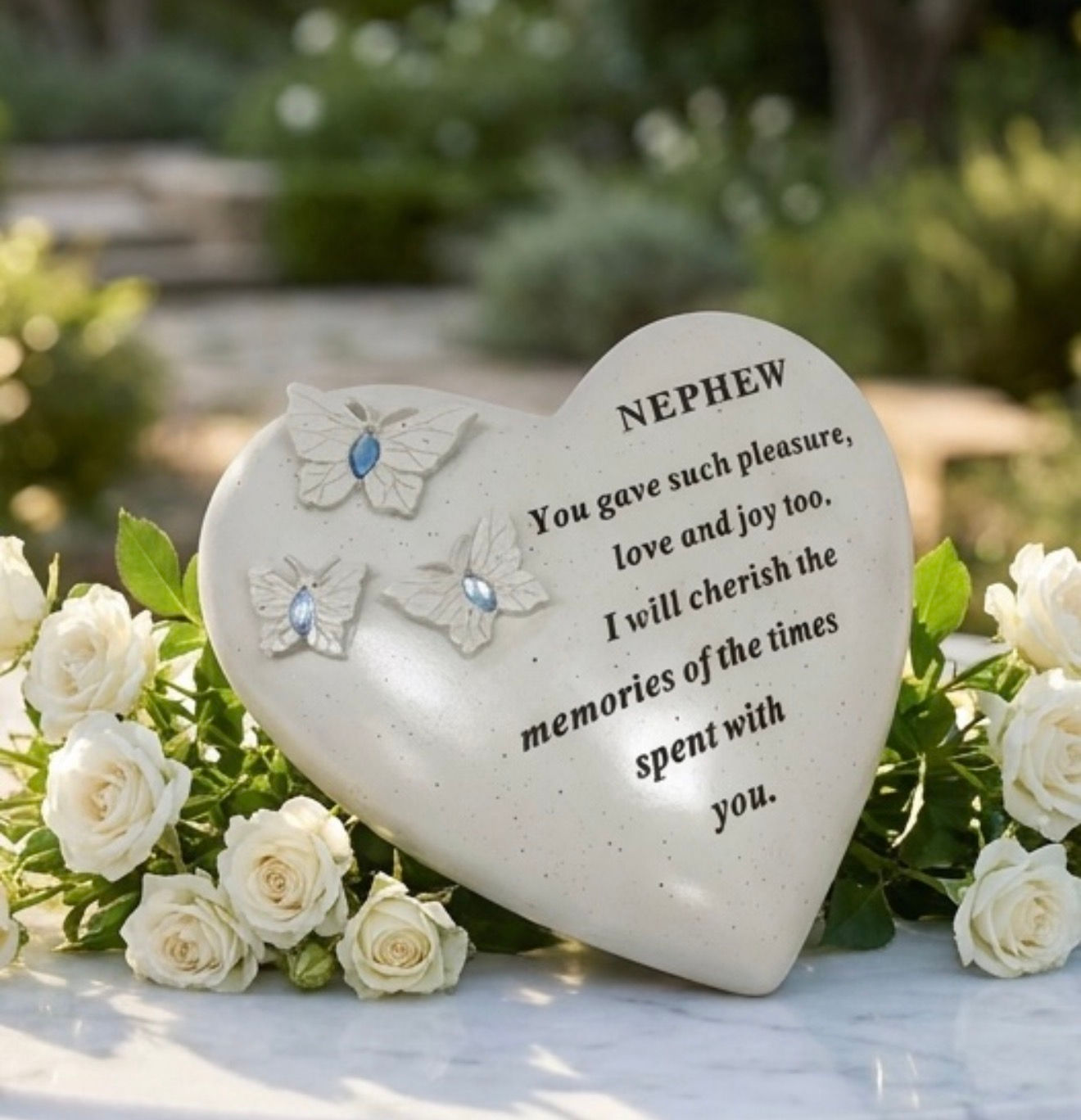 Nephew Heart Grave Stone With Butterfly And Blue Gemstone