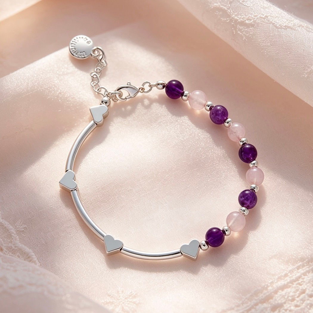 Equilibrium  Gemstone Hearts Silver Plated Bracelet Amethyst Rose Quartz