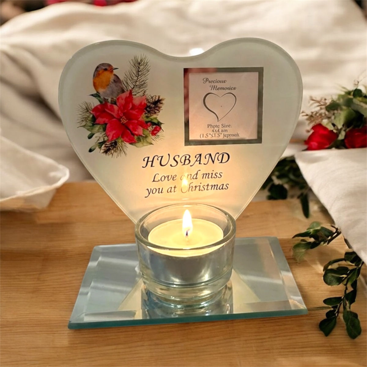 Christmas Memorial Robin Heart Tea Light And Frame - Husband